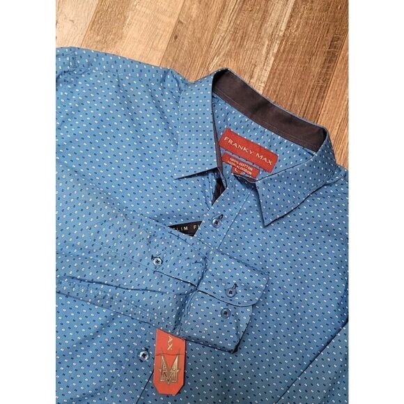 Mens Shirt Casual Dress Blue Pattern FRANKY MAX Button Up Front Large - Picture 1 of 7